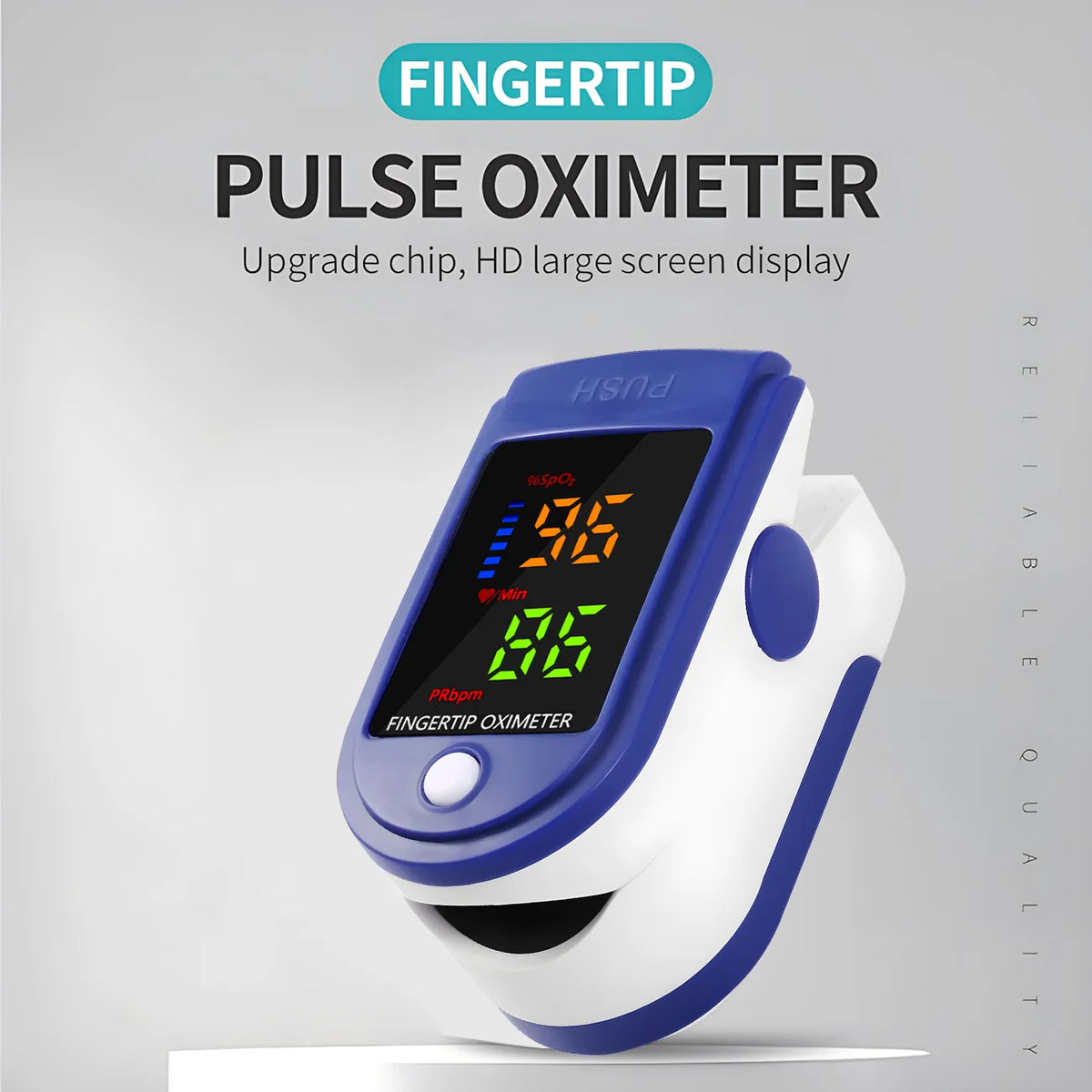 Thermometer & Oximeter Set blue and white fingertip oximeter angled on a gray display platform