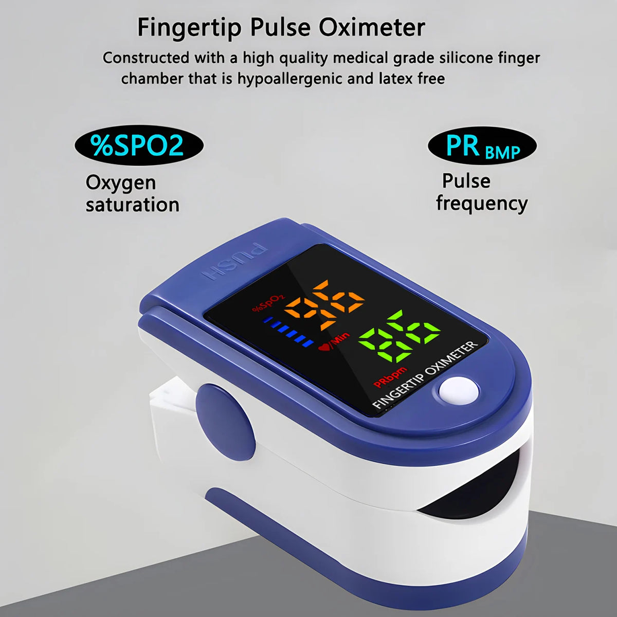Thermometer & Oximeter Set angled fingertip oximeter with oxygen saturation and pulse labels