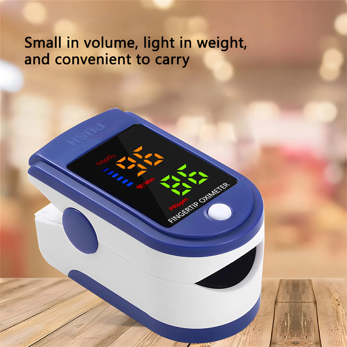 Thermometer & Oximeter Set fingertip oximeter on a wooden tabletop with portability information