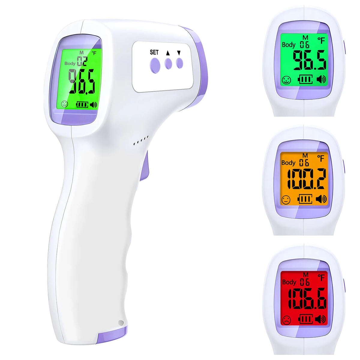 Thermometer & Oximeter Set thermometer beside green, amber, and red backlight display examples