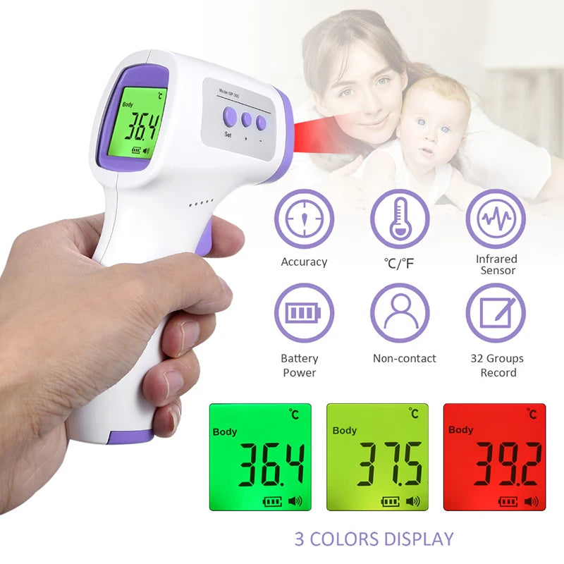 Thermometer & Oximeter Set thermometer function icons and three colored temperature display examples