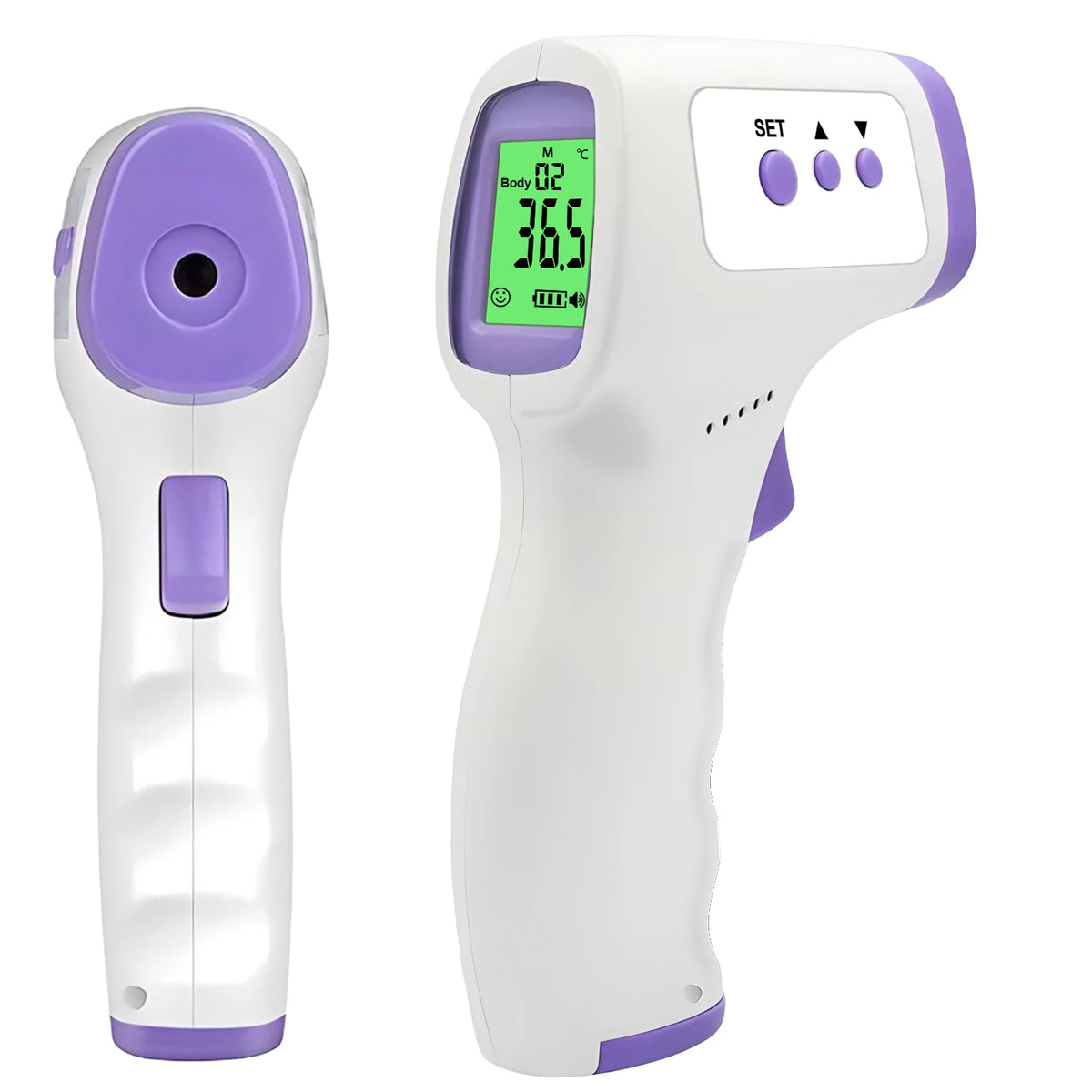Thermometer & Oximeter Set thermometer sensor, trigger, side controls, and digital display close-ups