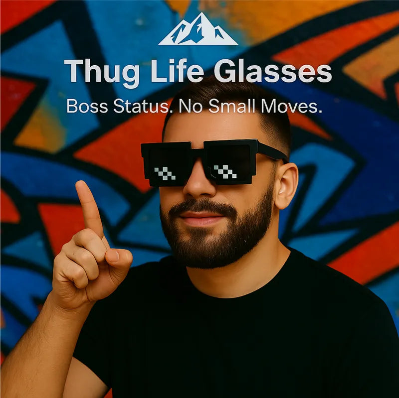 HighPeak Thug Life Glasses in black with pixelated design worn by man against vibrant graffiti wall background