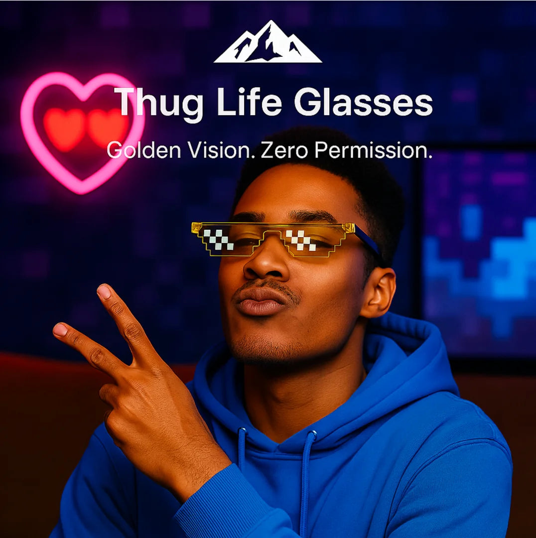 HighPeak Thug Life Glasses in gold pixelated design worn by a man in blue hoodie with neon heart background