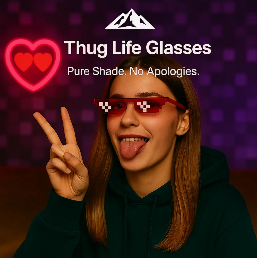 HighPeak Thug Life Glasses in red pixelated design worn by smiling woman flashing peace sign indoors