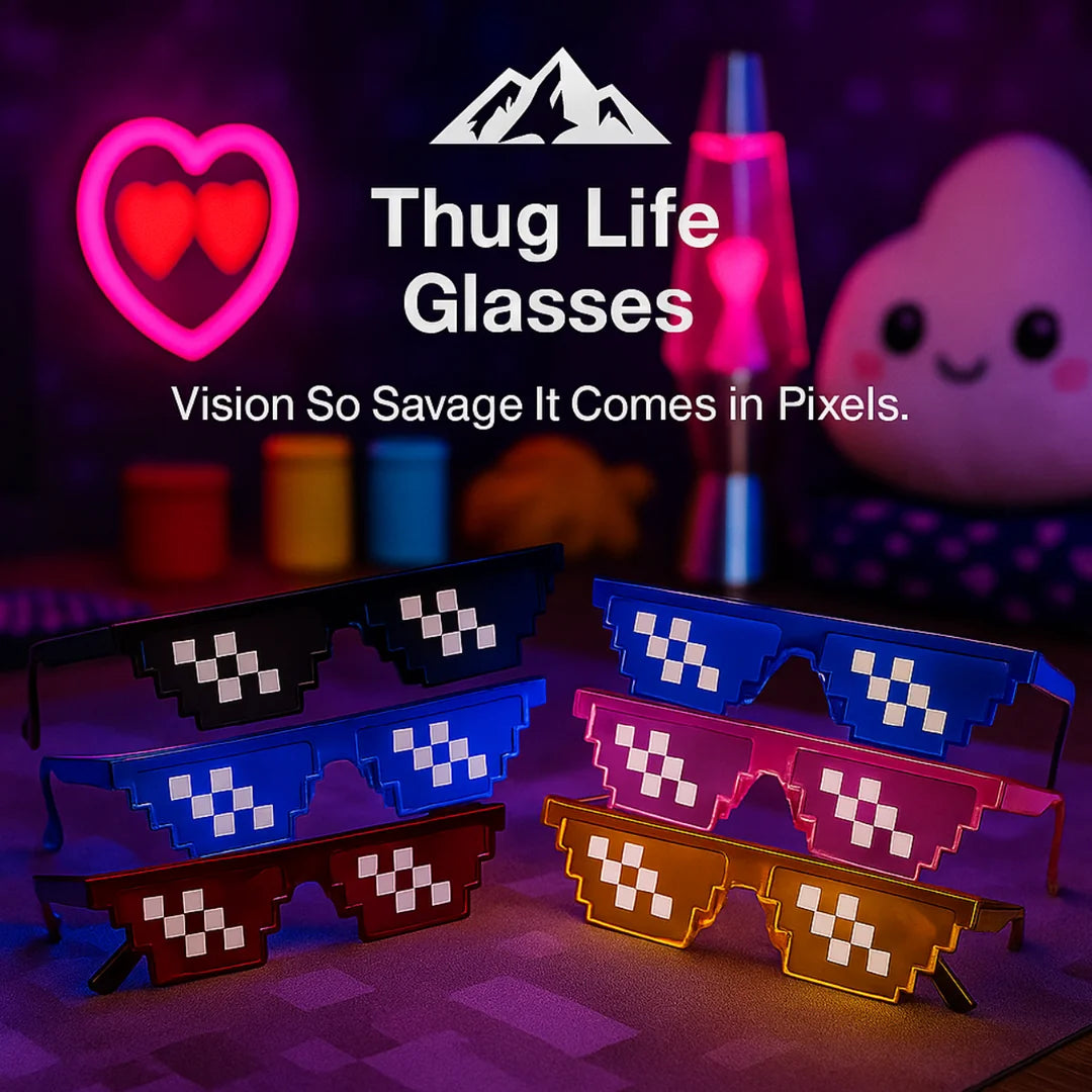 HighPeak Thug Life Glasses in multiple colors with pixelated 8-bit design displayed on a table with vibrant background lighting