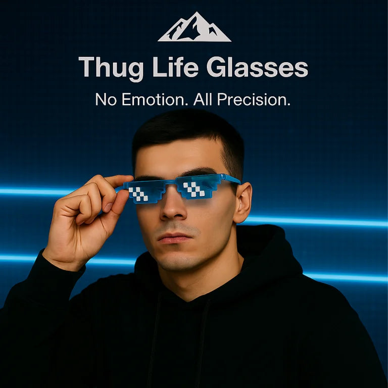 HighPeak Thug Life Glasses in blue pixelated design worn by man against neon light background with confident expression