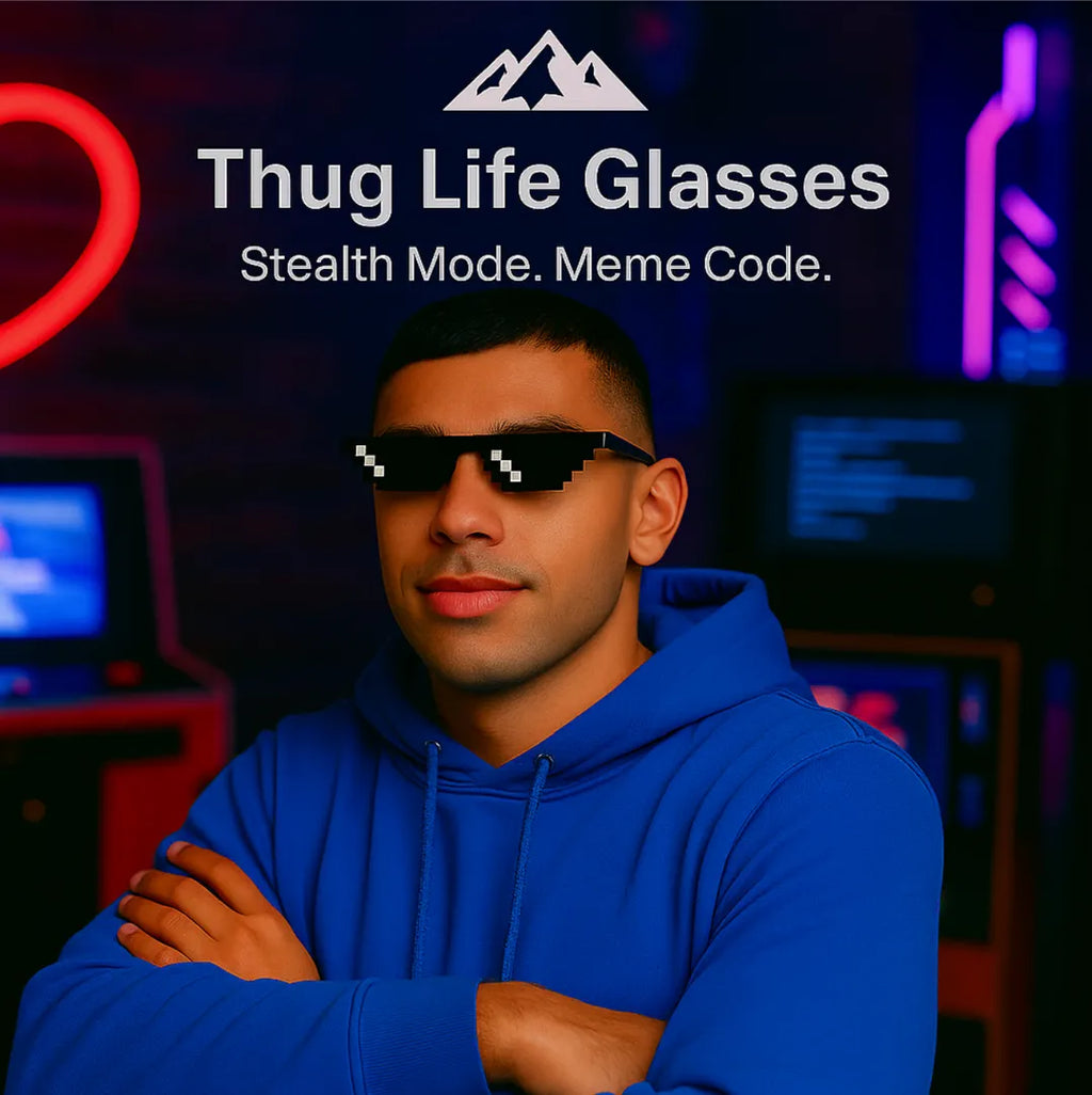 HighPeak Thug Life Glasses worn by man in blue hoodie with pixelated black lenses in neon gaming room setting