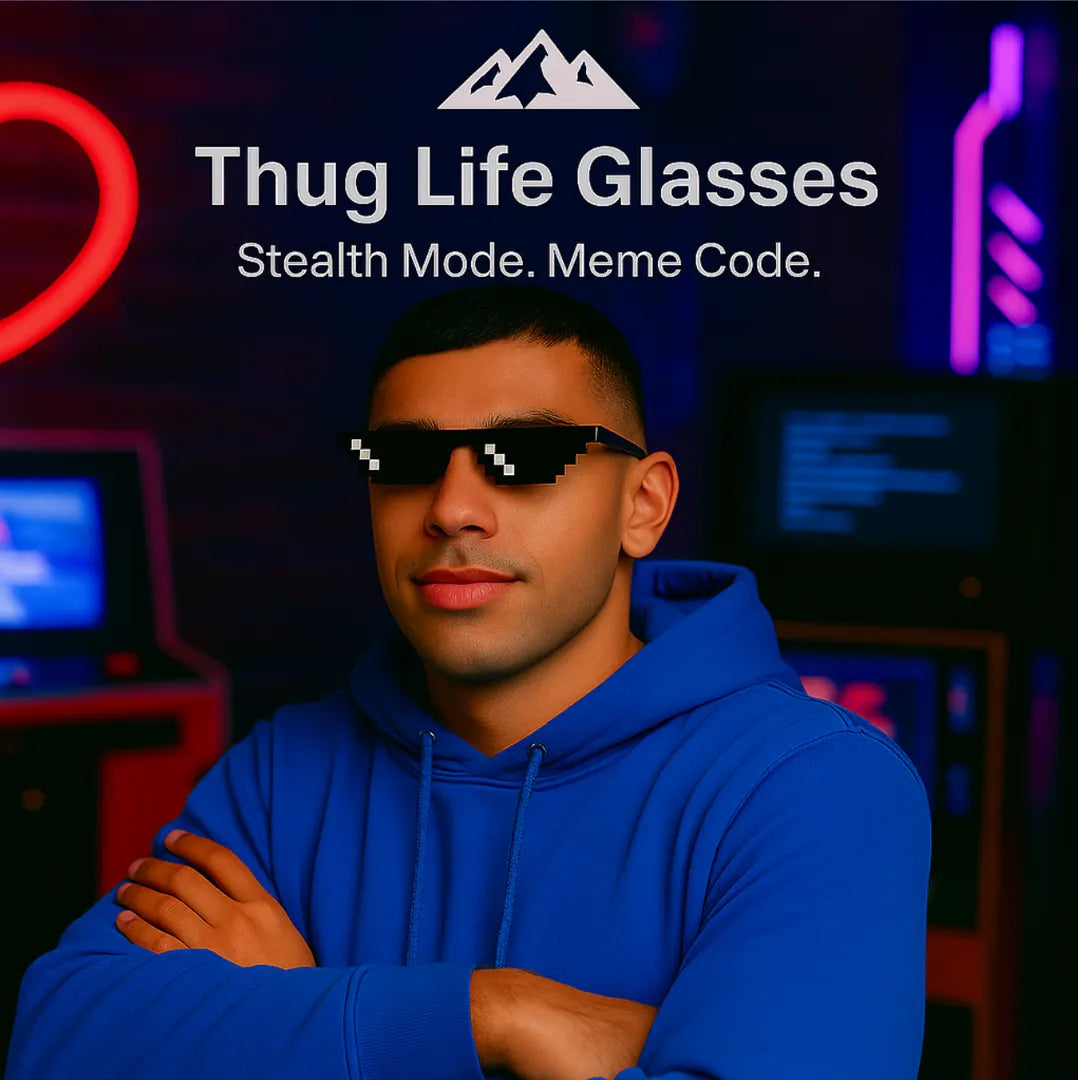 HighPeak Thug Life Glasses worn by man in blue hoodie with pixelated black lenses in neon gaming room setting