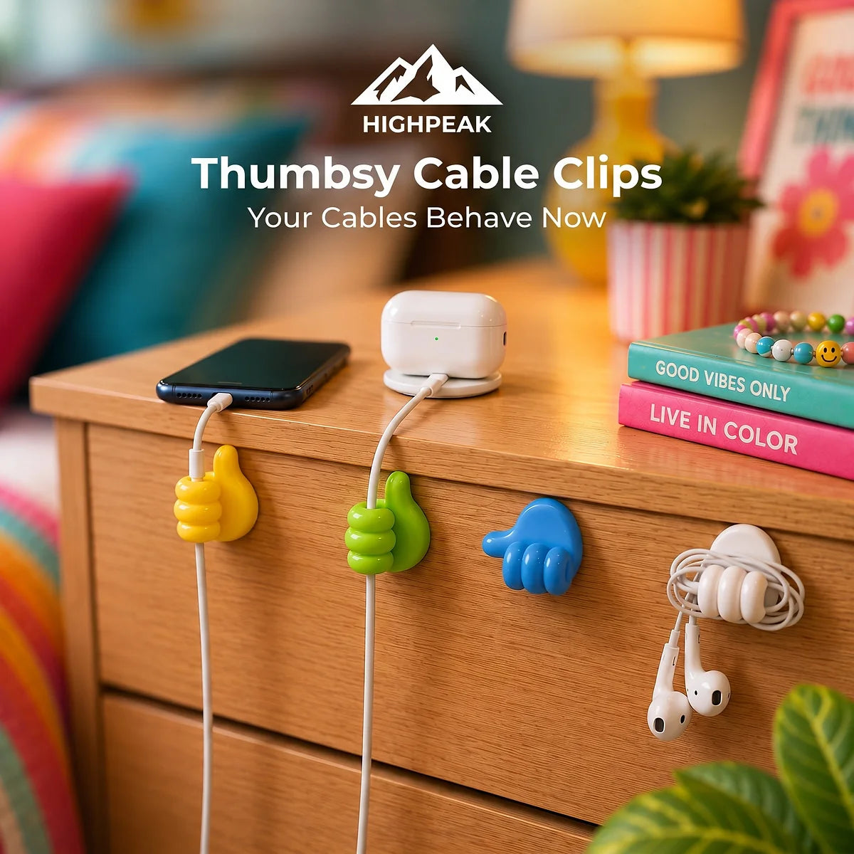 Thumbs up cable clips in yellow, green, blue, and cloud-shaped white holders mounted on a wooden nightstand, holding a black smartphone, a white wireless earbud case, and white wired earbuds. The background is a cozy, softly blurred bedroom setting with a lamp, books, and pillows.