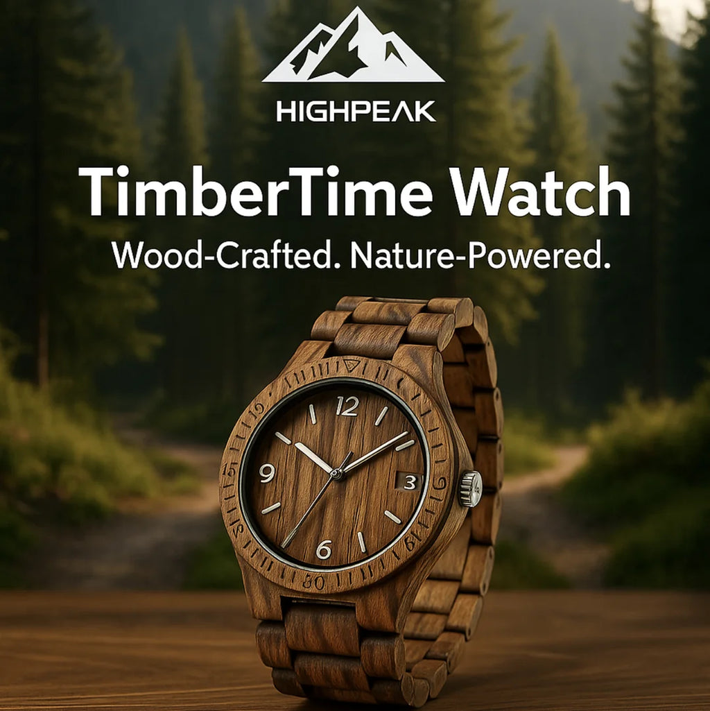 HighPeak TimberTime™ - Handcrafted Zebra Wood Watch with calendar, natural wood grain, set against forest background