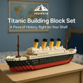 HighPeak Titanic Building Block Set displayed on a table, detailed black, white, and red ship with yellow smokestacks.