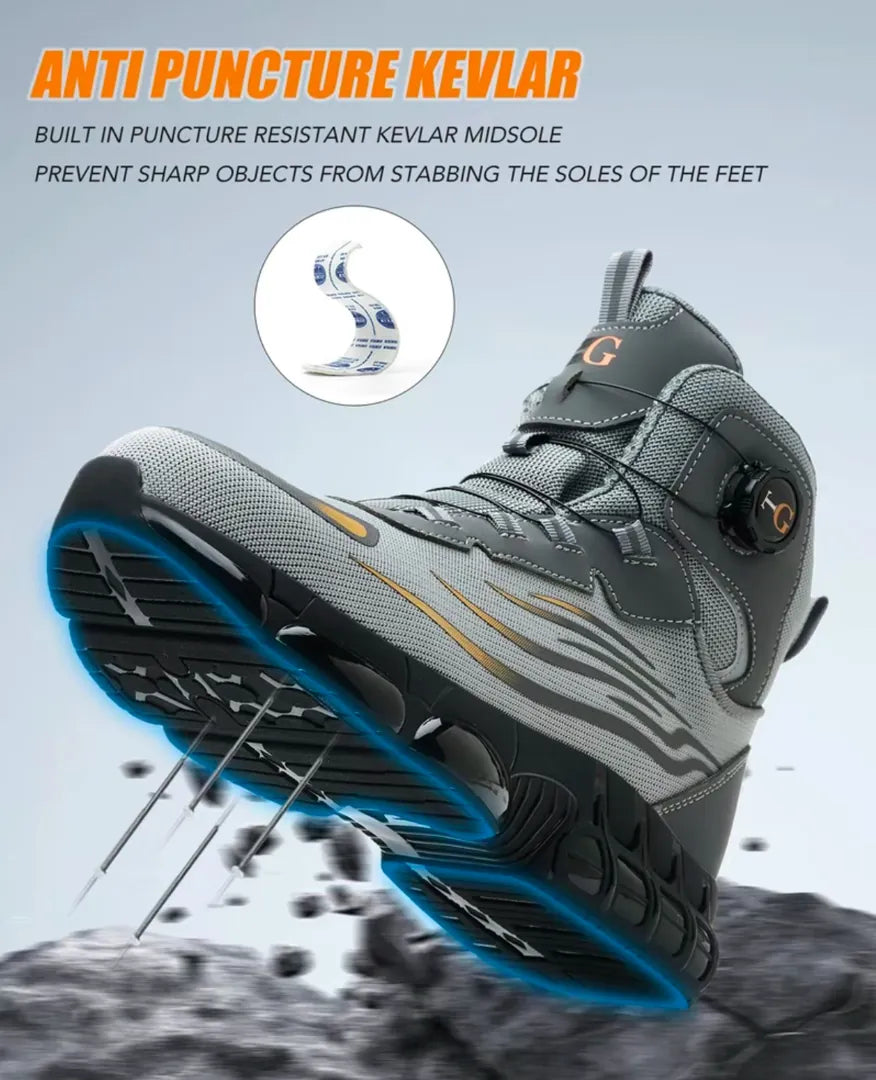 TitanStep Boots in gray with anti-puncture Kevlar midsole resisting sharp objects, designed for heavy-duty protection by HighPeak.