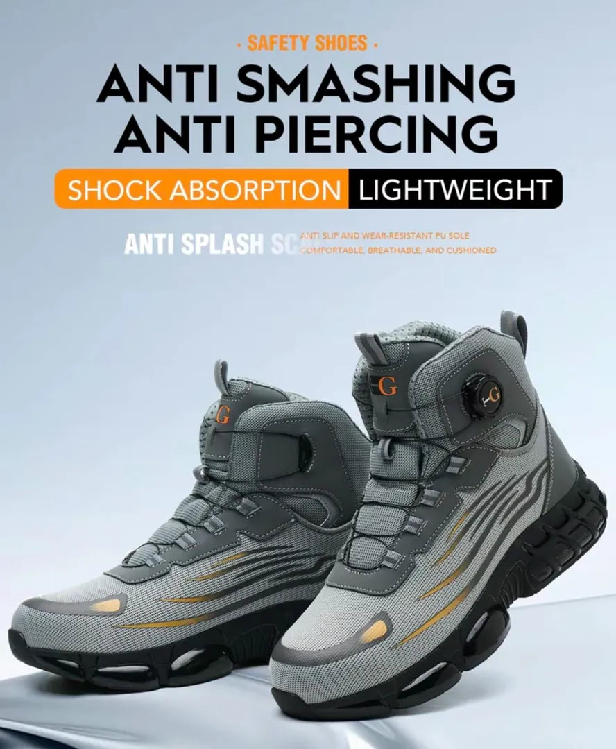 TitanStep Boots in gray with black soles, featuring anti-smash, anti-piercing, and shock absorption by HighPeak.
