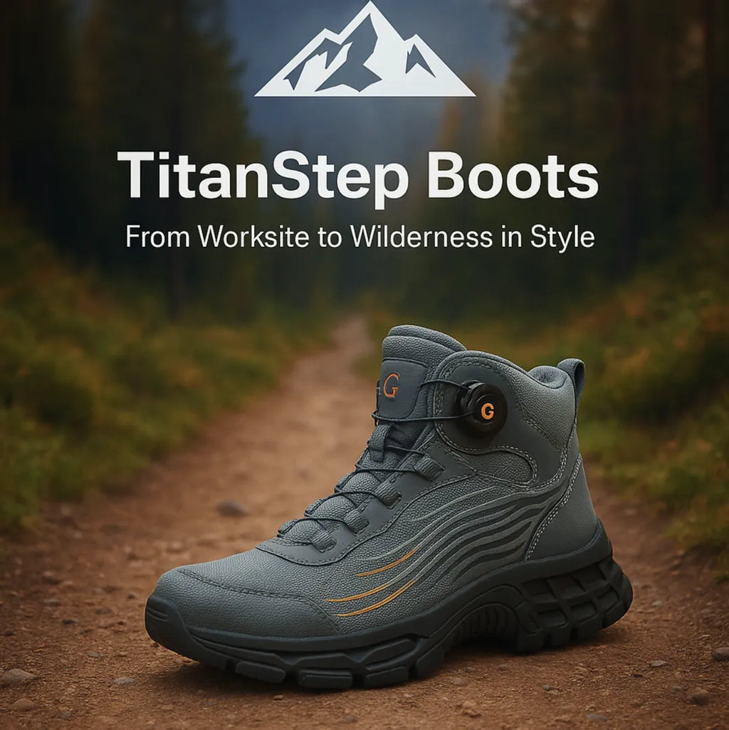 TitanStep Boots gray high-top work boot on forest trail showcasing rugged, slip-proof sole and breathable mesh upper