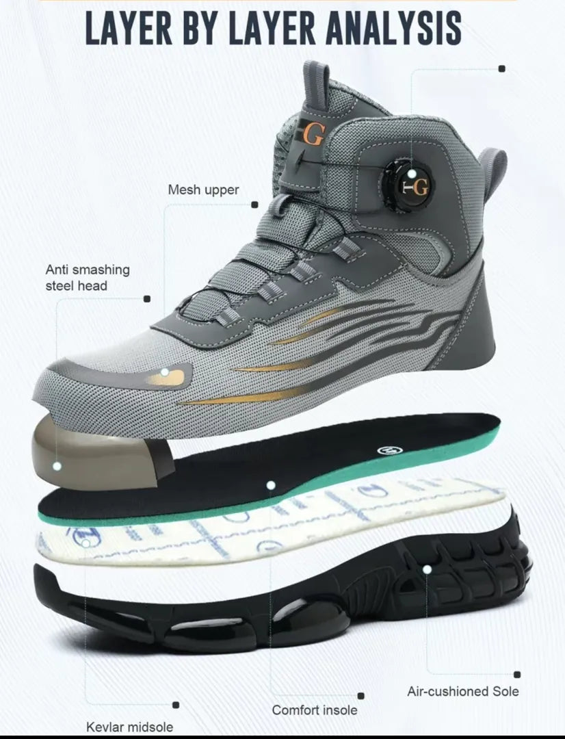 TitanStep Boots exploded view showing mesh upper, steel toe, Kevlar midsole, comfort insole, and air-cushioned sole layers.