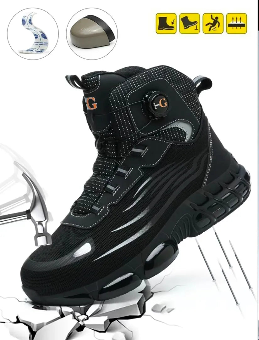 TitanStep Boots by HighPeak in black with steel toe, slip-proof sole, and no-lace twist lock for tough, comfortable work use.