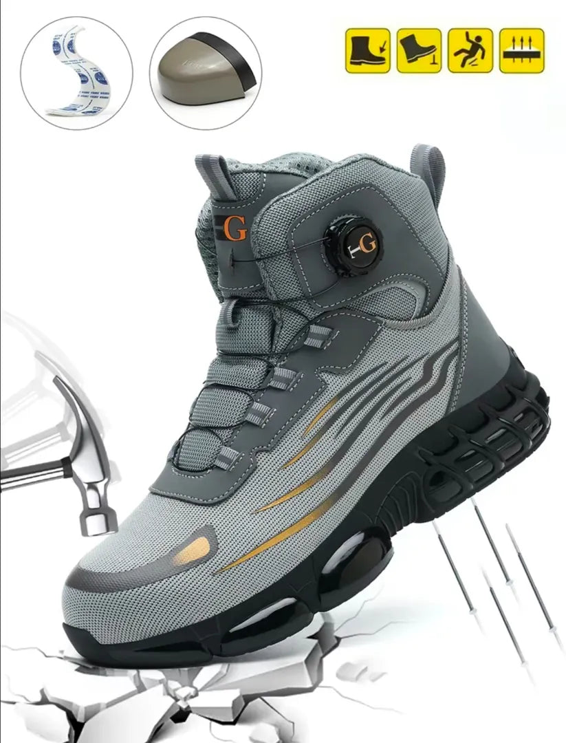 TitanStep Boots in gray with black sole and no-lace twist lock, showcasing steel toe and anti-puncture features by HighPeak.