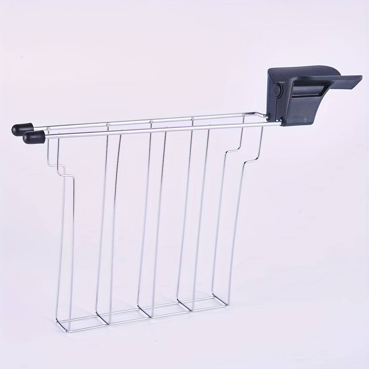 Toaster Sandwich Rack with silver wire sides, black handle and black end caps on a pale background.