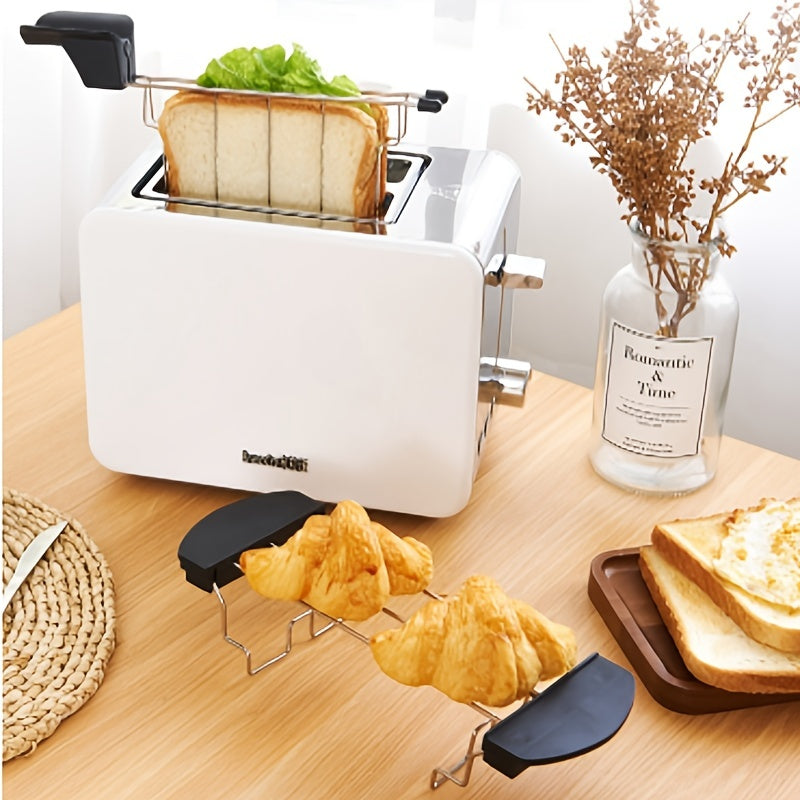 Toaster Sandwich Rack holding a sandwich in a white toaster beside bread and a separate croissant rack.