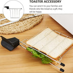 Toaster Sandwich Rack holding a lettuce sandwich flat on a wooden kitchen counter.