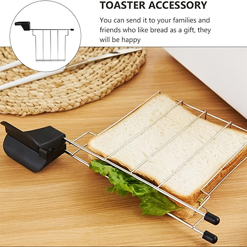 Toaster Sandwich Rack holding a lettuce sandwich flat on a wooden kitchen counter.