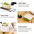 Toaster Sandwich Rack collage showing a sandwich in a toaster and resting on a wooden counter.