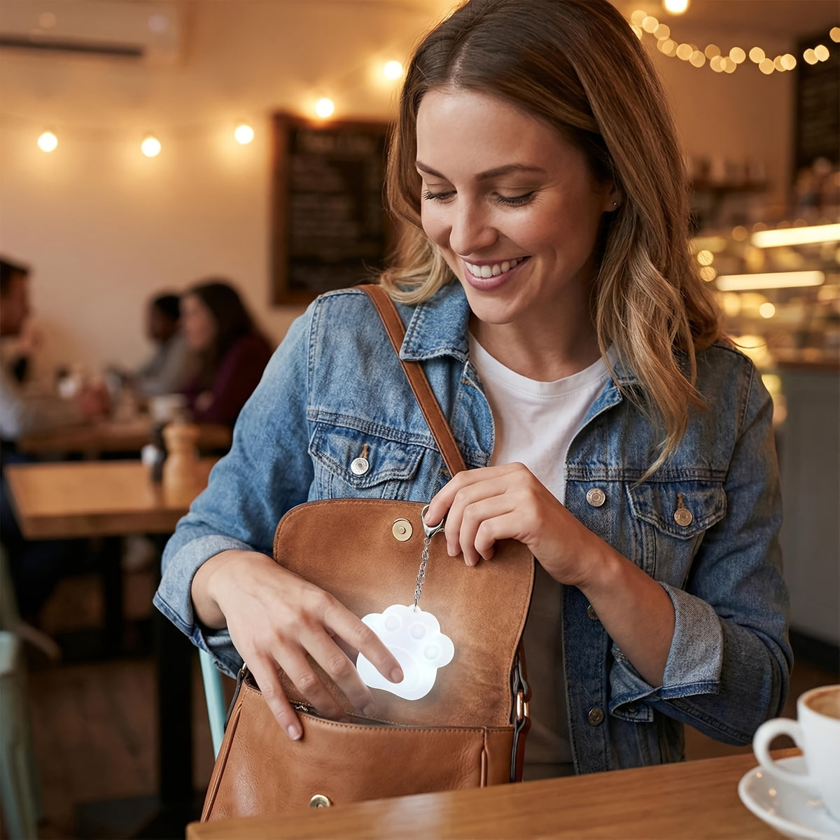 Touch Activated Bag Light — Paw shape lighting a woman's open handbag at a cafe table.