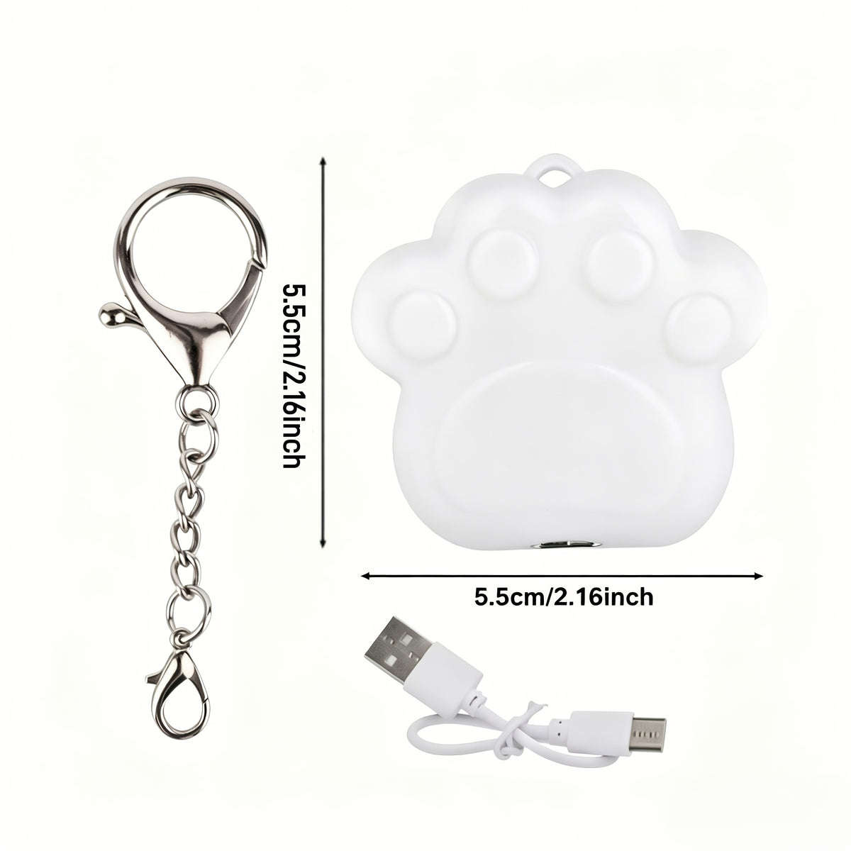 Touch Activated Bag Light — Paw shape with 5.5 cm size markings, keychain clip and USB charging cable.
