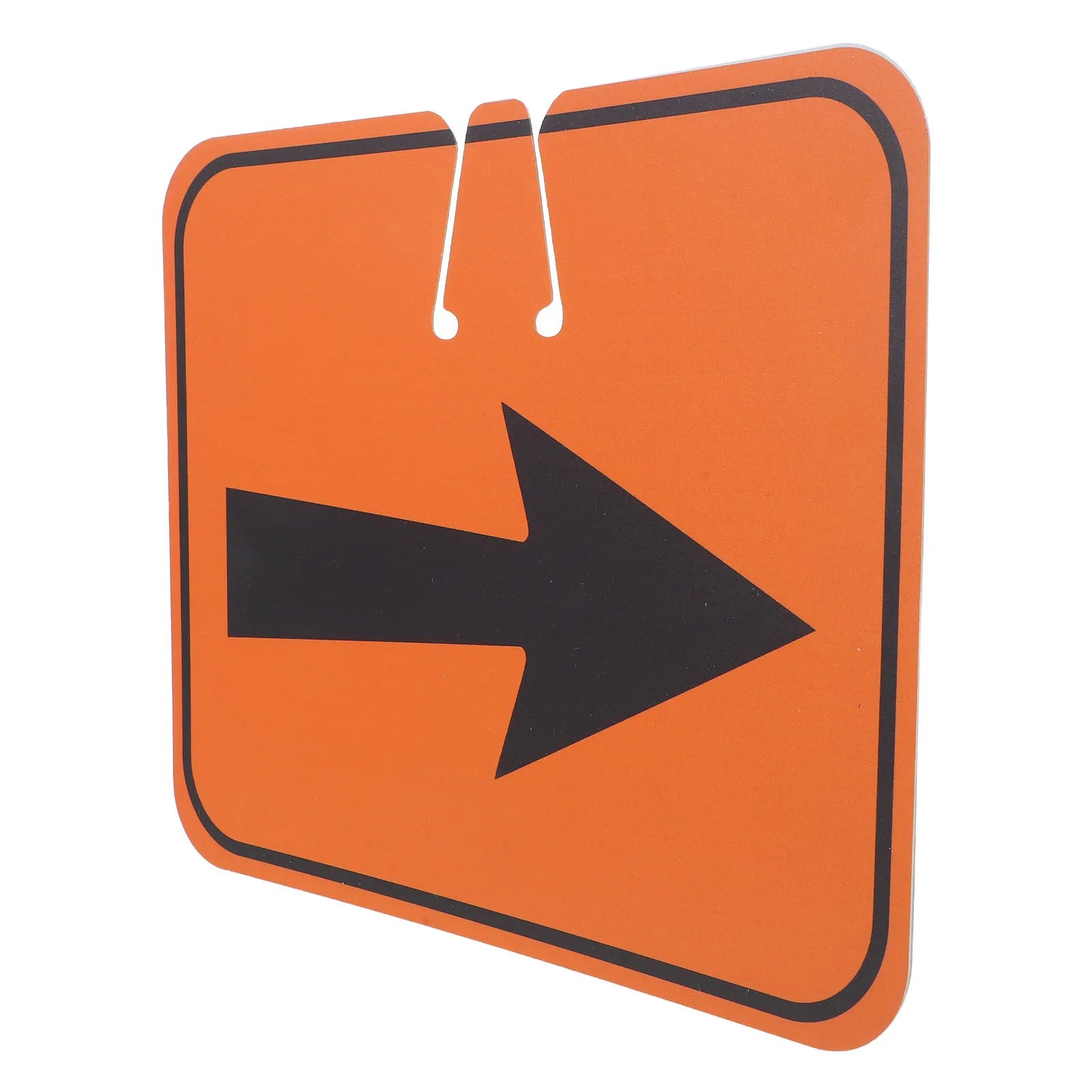 Traffic Cone Arrow Sign isolated at an angle with a black right arrow and two cone-top mounting slots