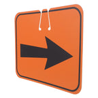 Traffic Cone Arrow Sign isolated at an angle with a black right arrow and two cone-top mounting slots