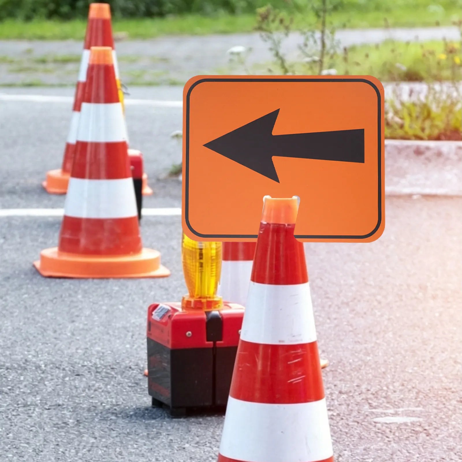 Traffic Cone Arrow Sign pointing left from a cone within a temporary roadwork setup with warning beacon