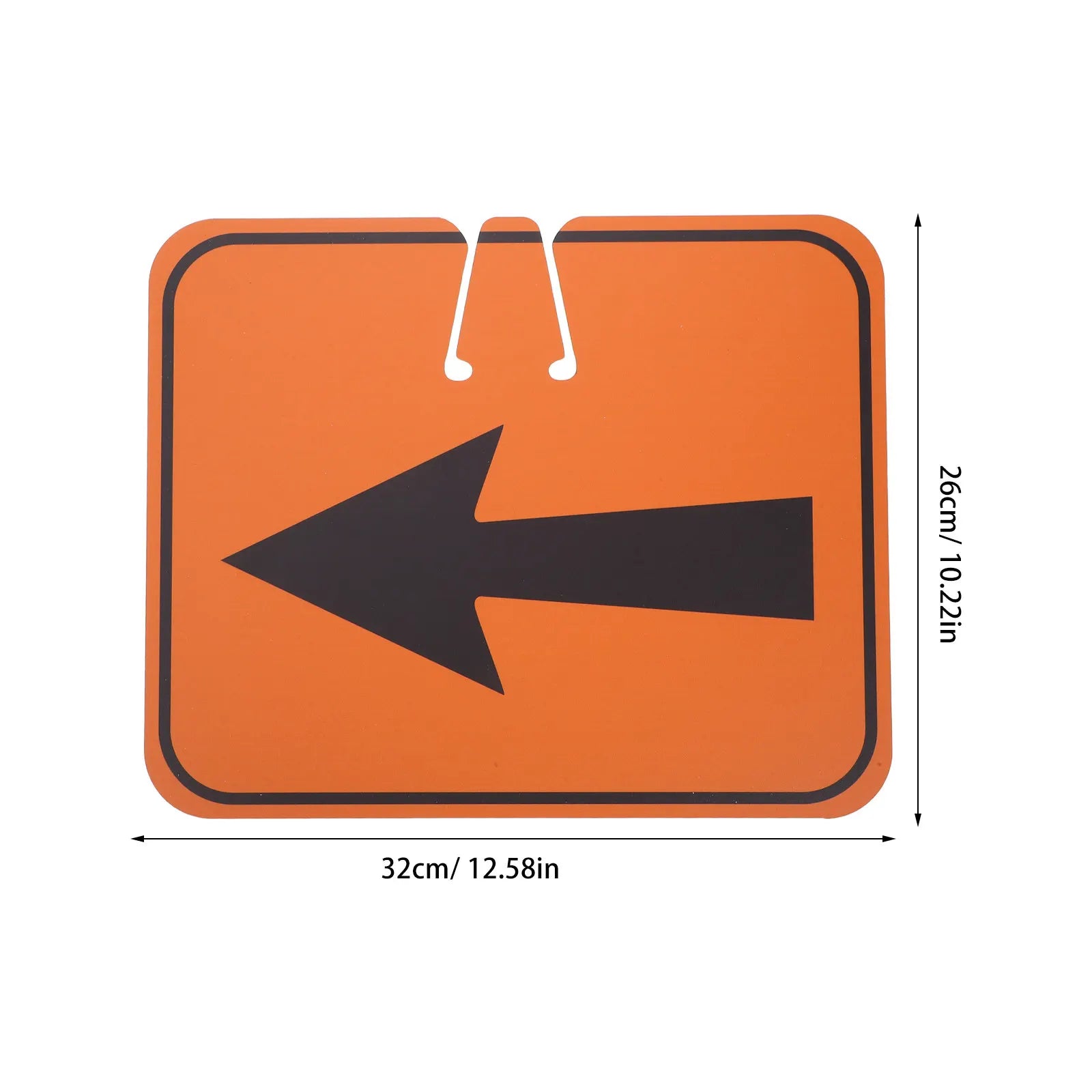 Traffic Cone Arrow Sign size guide showing the orange left-arrow panel at 32 cm wide and 26 cm high
