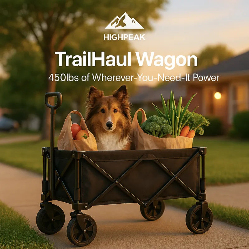 HighPeak TrailHaul Wagon in black carrying groceries and a dog on a suburban sidewalk at sunset