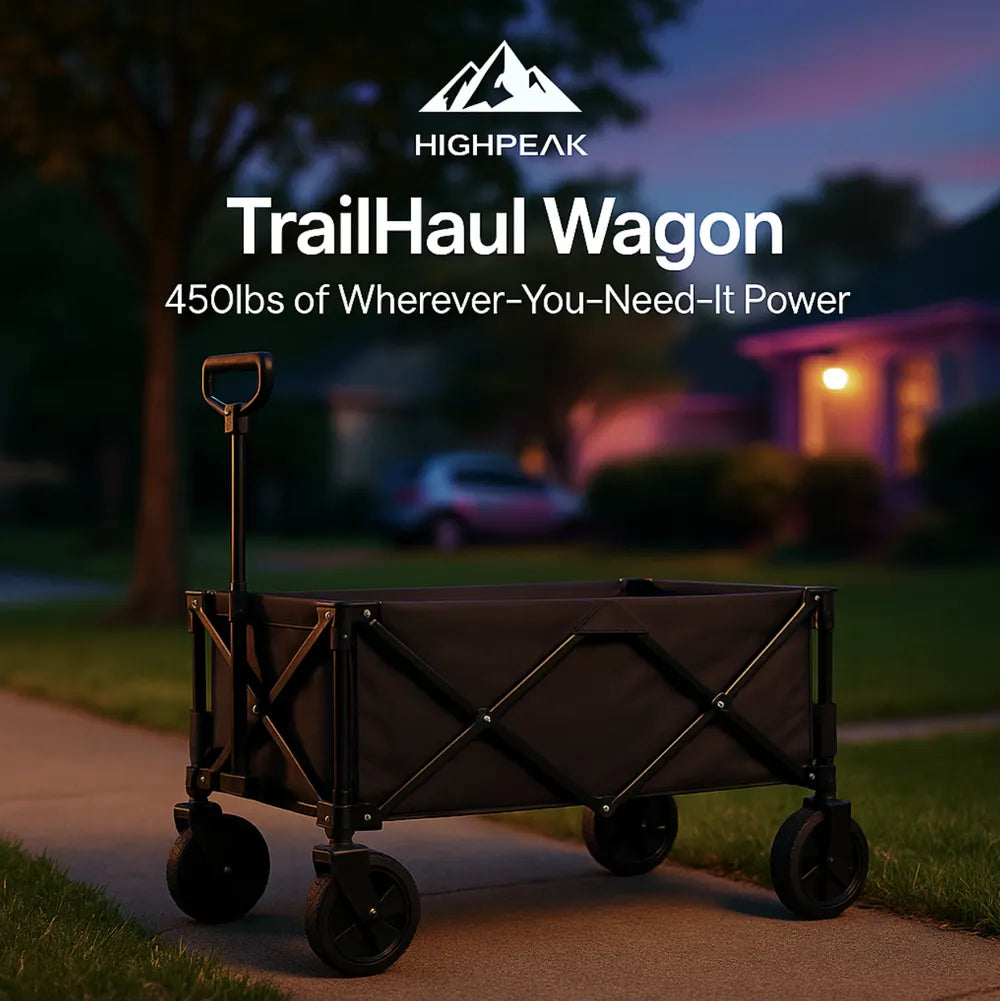 HighPeak TrailHaul Wagon in black with all-terrain wheels on a sidewalk at dusk, ready for heavy hauling up to 450lbs