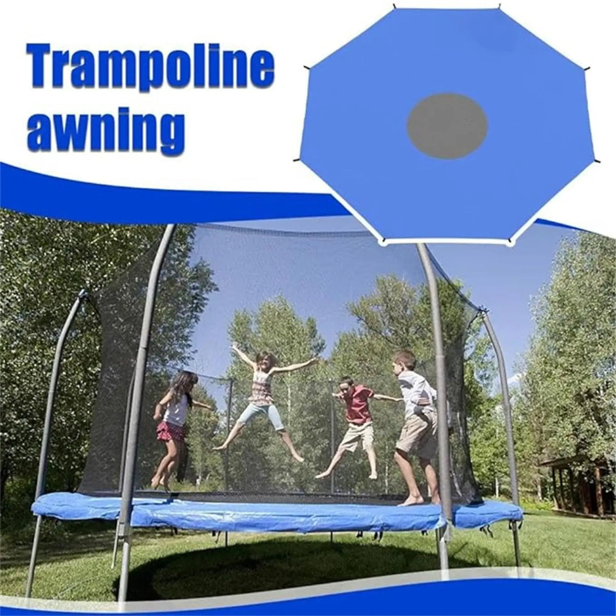Trampoline Sun Shade Cover shown as a blue canopy alongside children jumping on a backyard trampoline.
