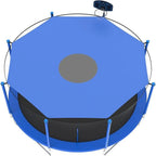 Trampoline Sun Shade Cover in blue fitted above a round trampoline, with a circular mesh center vent.
