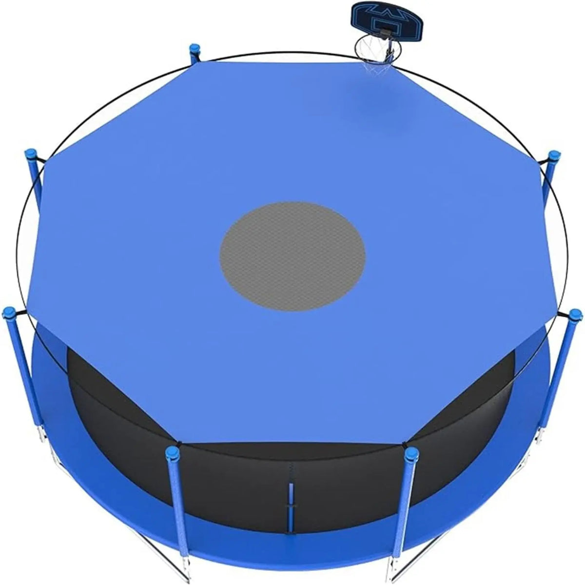 Trampoline Sun Shade Cover in blue fitted above a round trampoline, with a circular mesh center vent.