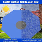 Trampoline Sun Shade Cover in blue with a mesh center, shown in a split sunshine and rain illustration.