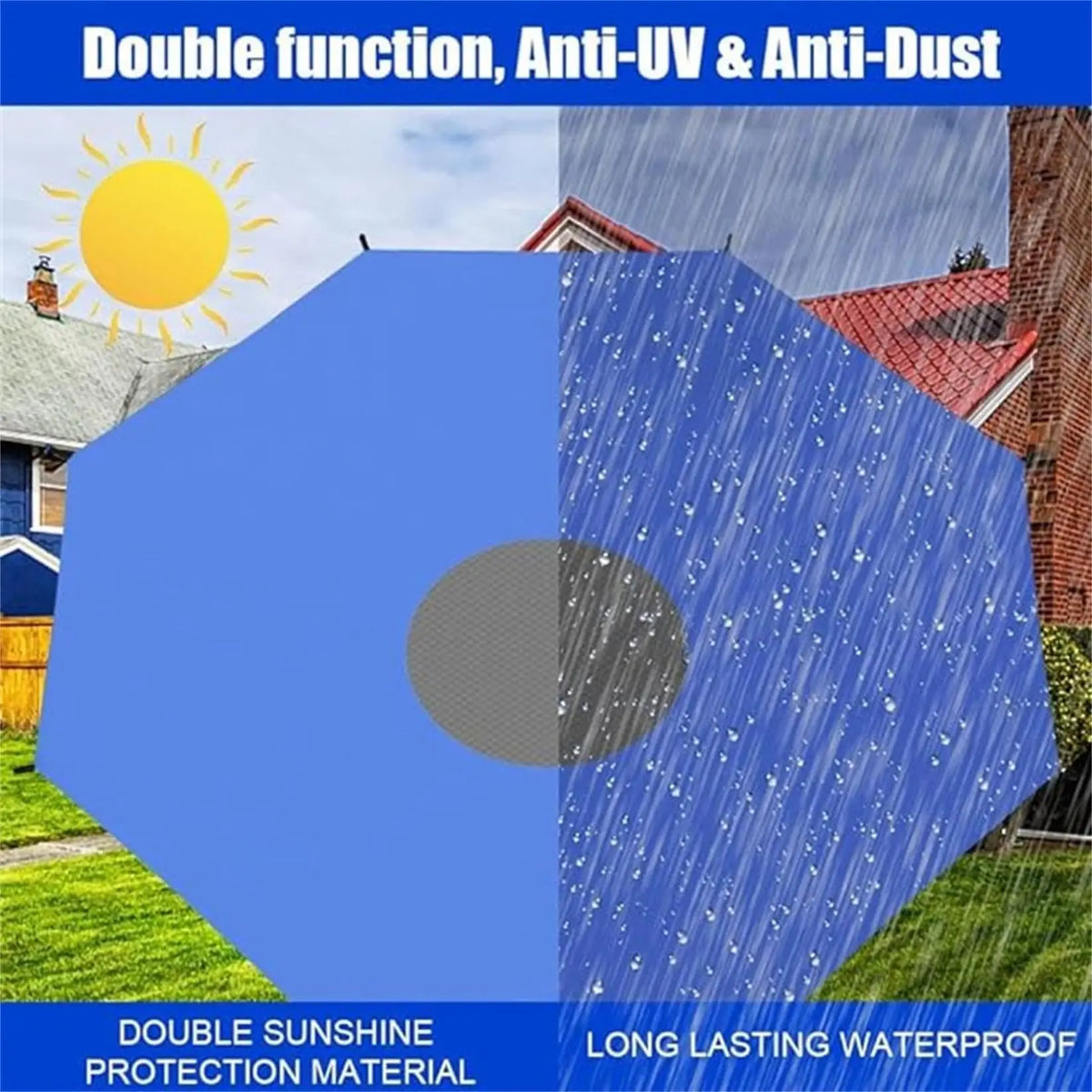 Trampoline Sun Shade Cover in blue with a mesh center, shown in a split sunshine and rain illustration.