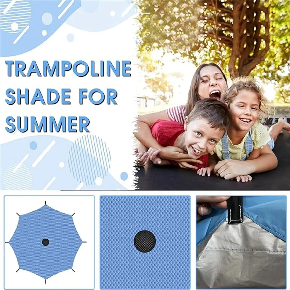 Trampoline Sun Shade Cover collage with fabric, mesh vent and stitched attachment strap close-ups.