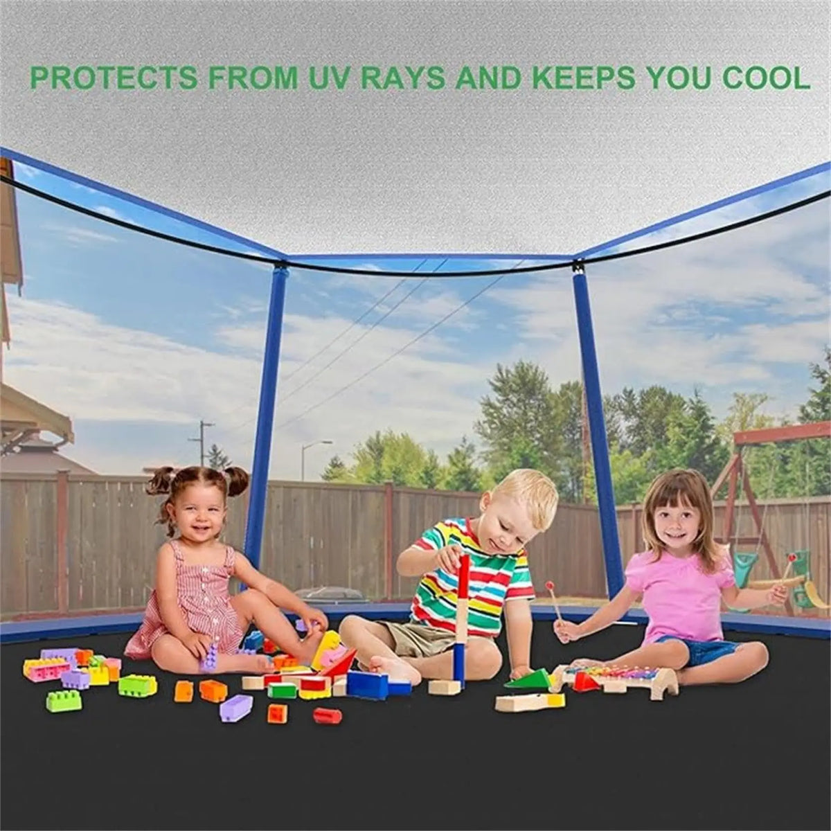 Trampoline Sun Shade Cover viewed from underneath, with three children sitting on the trampoline below.