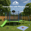 HighPeak Trampoline with Playground in green and blue with slide, swings, basketball hoop, and ladder in backyard setting
