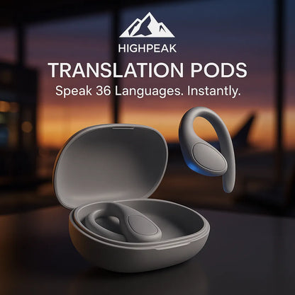 HighPeak Translation Pods in matte gray with charging case, highlighting real-time translation of 36 languages.