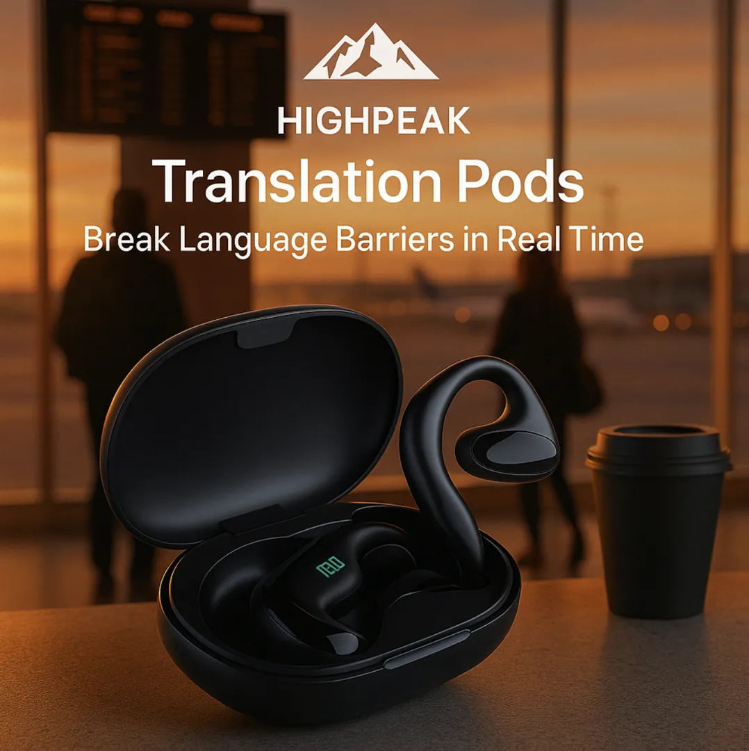 HighPeak Translation Pods black wireless earbuds in charging case on table with blurred sunset background