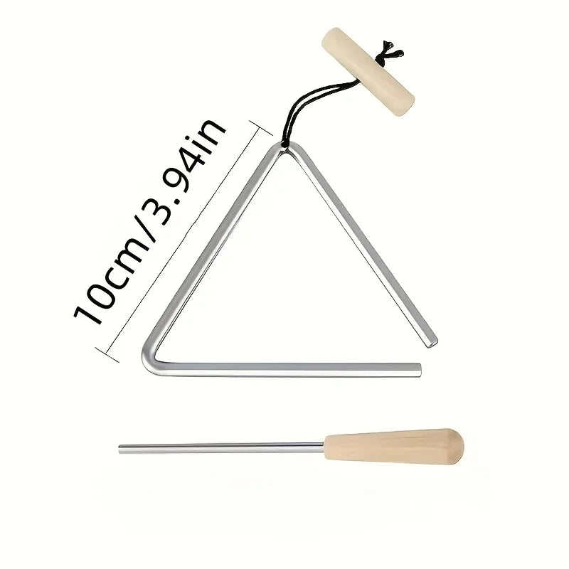 Triangle Instrument Set size guide showing a 10cm side measurement with the beater displayed below