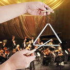Triangle Instrument Set held by its handle with the beater poised in front of an orchestra backdrop