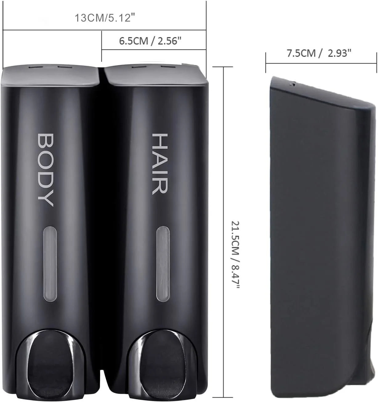 Triple Shower Dispenser Black double supplier size reference with width, height, and depth
