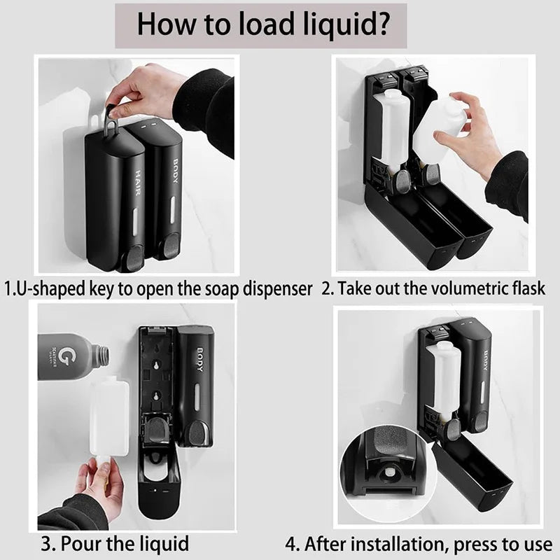 Triple Shower Dispenser Black double supplier instructions for removing and refilling a bottle