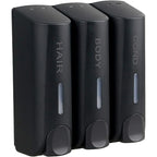 Triple Shower Dispenser Black set with three labeled pumps and clear liquid-level windows